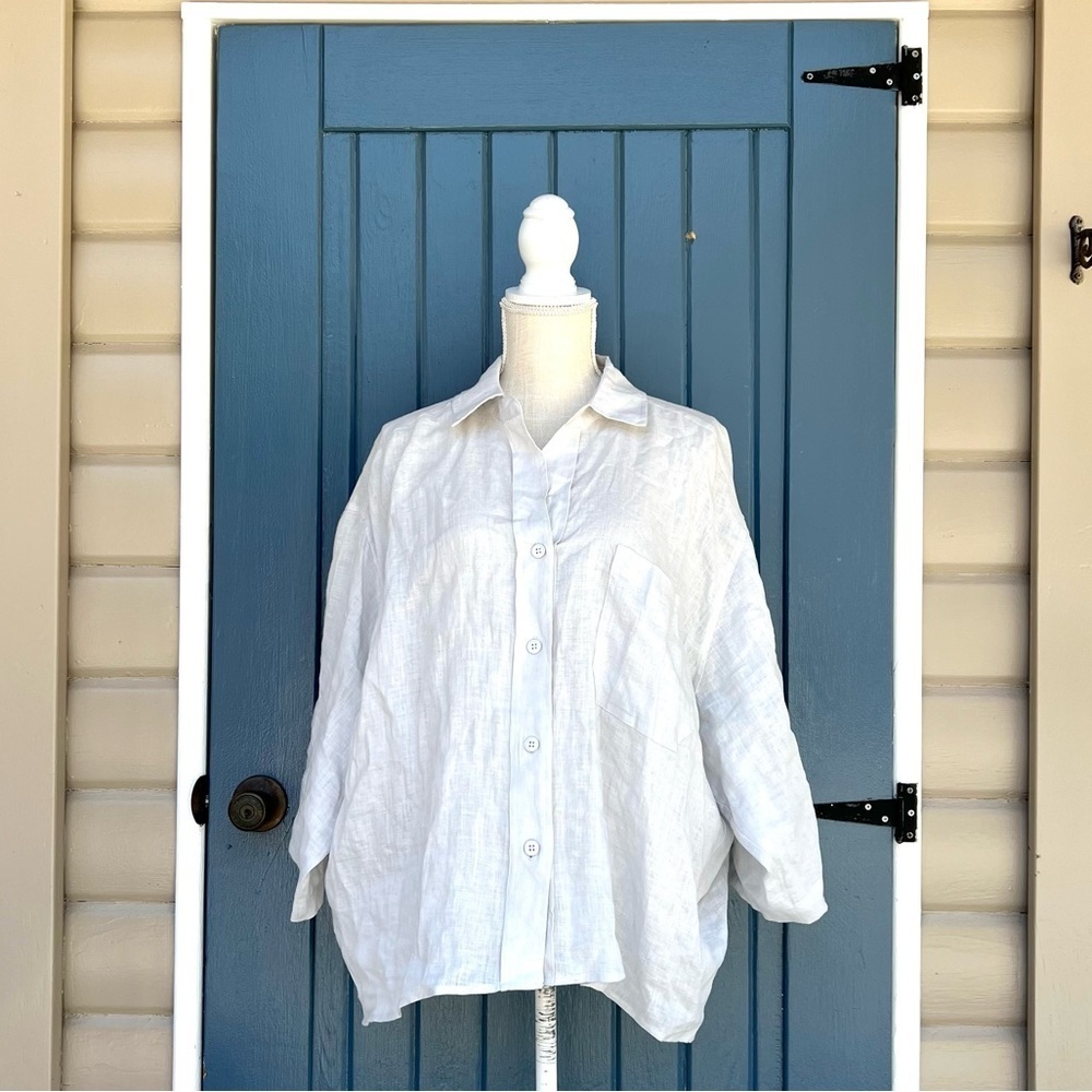 Magaschoni 100% Linen Blouse 3/4 Sleeve V-Neck Button Up Over size loose Size XL